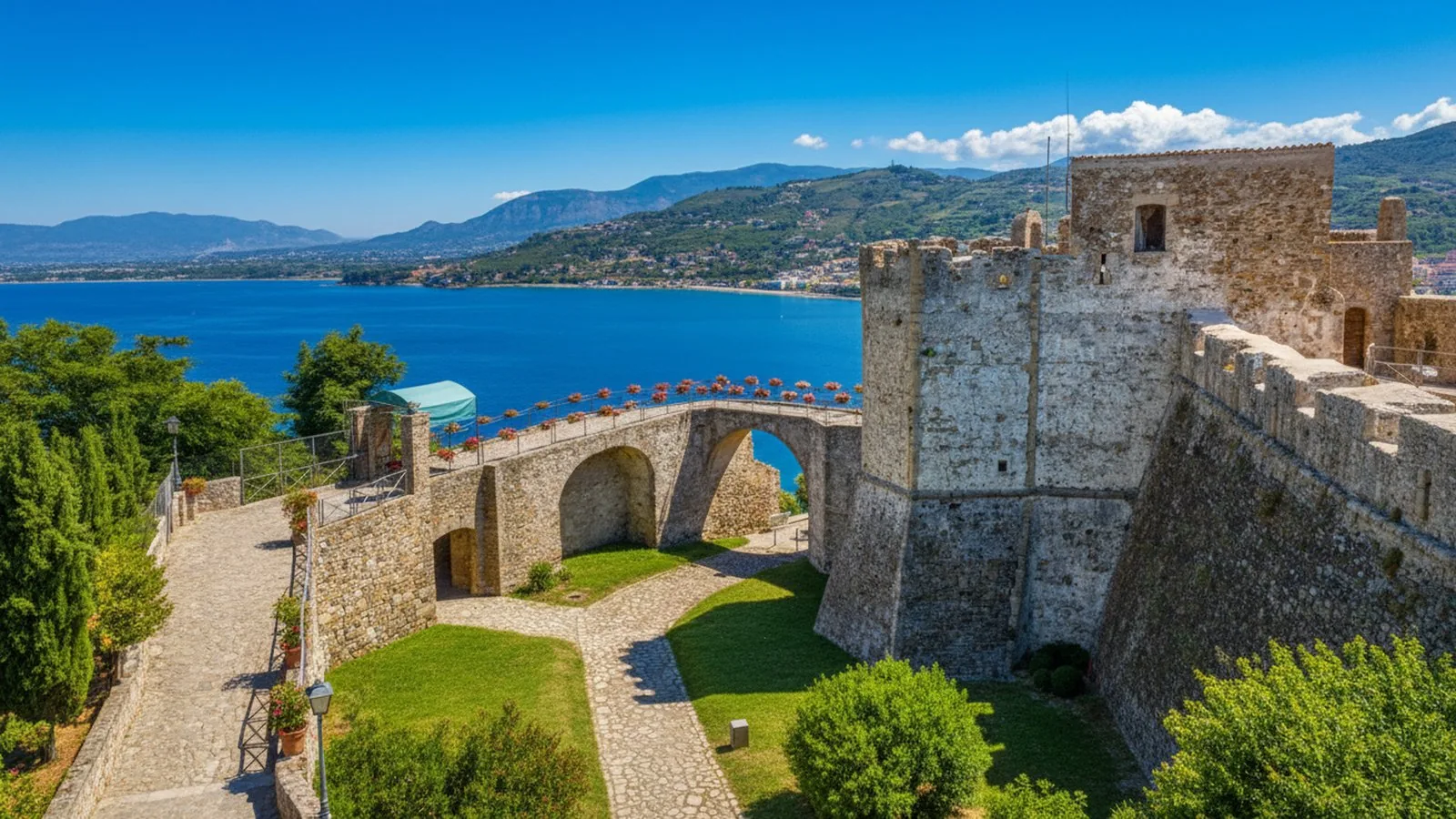 Il Castello Angioino Aragonese di Agropoli con il ponte d'ingresso in pietra e la vista sul Golfo di Salerno