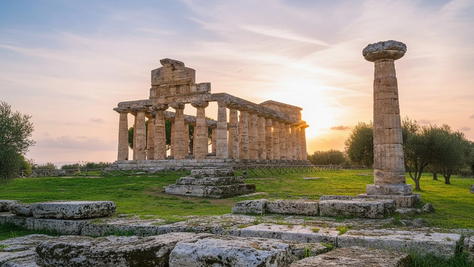 Il Tempio di Atena nel Parco Archeologico di Paestum al tramonto, con una colonna dorica isolata in primo piano