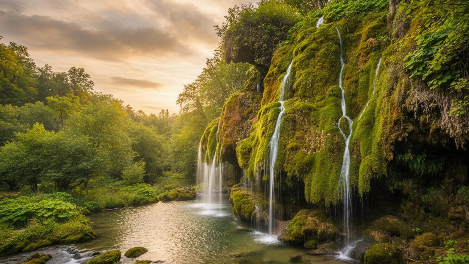 Cascate d'acqua su roccia coperta di muschio in un bosco del Parco Nazionale del Cilento, Vallo di Diano e Alburni
